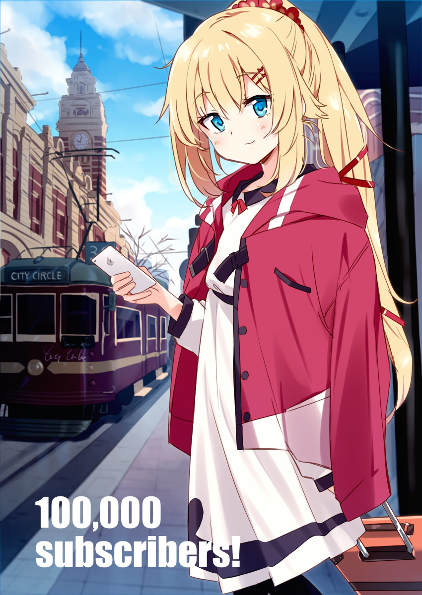 absurdres akai_haato akai_haato_(casual) australia bad_id bad_twitter_id black_pantyhose blonde_hair blue_eyes blue_sky blush cellphone clock clock_tower closed_mouth cloud commentary cowboy_shot day dress european_architecture female hair_between_eyes hair_ornament hair_ribbon hair_scrunchie heart heart_hair_ornament highres holding holding_phone hololive jacket jacket_on_shoulders long_hair long_sleeves looking_at_viewer luggage melbourne milestone_celebration mousou_(mousou_temporary) official_alternate_costume official_alternate_hairstyle outdoors pantyhose phone ponytail red_jacket red_ribbon ribbon scrunchie sky smartphone smile solo streetcar suitcase tower very_long_hair virtual_youtuber white_dress