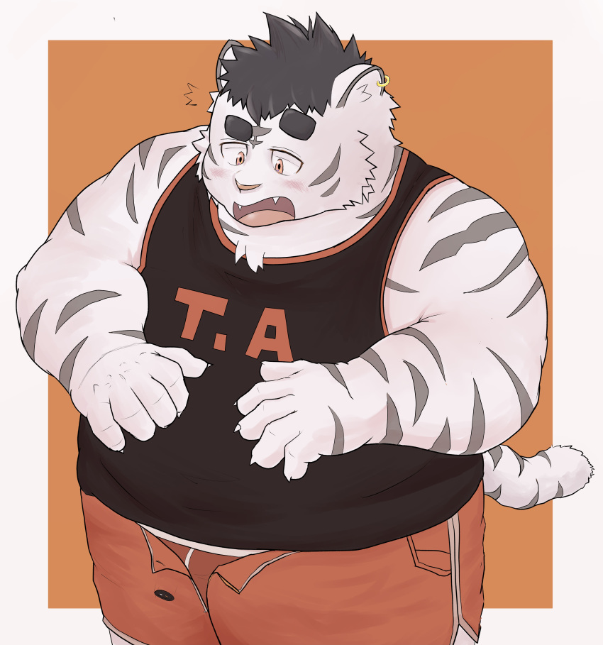 2021 absurd_res anthro blush bottomwear clothing felid fur hi_res humanoid_hands kemono male mammal overweight overweight_anthro overweight_male pantherine sakisukem shirt shorts solo tiger topwear underwear white_body white_fur