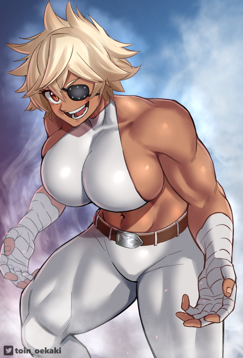 abs bandaged_arm bandages belt biceps blonde_hair breasts brown_eyes dark-skinned_female dark_skin debonair_diamond eyepatch female highres large_breasts looking_at_viewer muscular muscular_female navel open_mouth pants red_hood_(kawaguchi) short_hair sideboob smile spiked_hair thick_thighs thighs toin_(iitoin) twitter_username white_pants