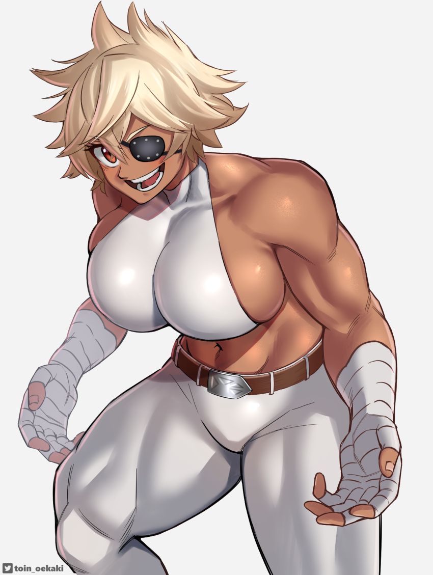 abs bandaged_arm bandages belt biceps blonde_hair breasts brown_eyes dark-skinned_female dark_skin debonair_diamond eyepatch female highres large_breasts looking_at_viewer muscular muscular_female navel open_mouth pants red_hood_(kawaguchi) short_hair sideboob simple_background smile spiked_hair thick_thighs thighs toin_(iitoin) twitter_username white_background white_pants