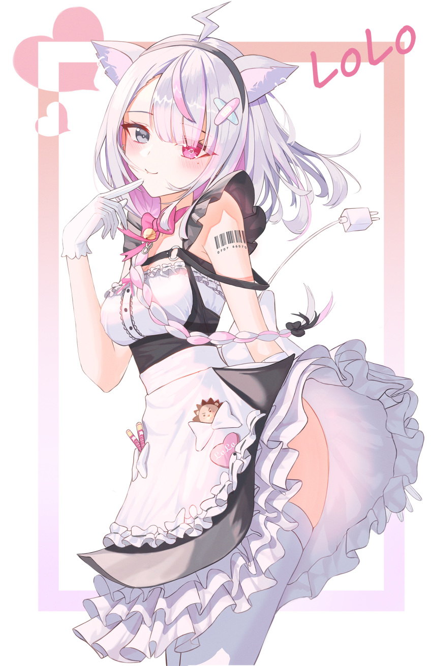 android animal_ears apron barcode barcode_tattoo black_hairband blush bow braid breasts cable cable_tail choker daimi_94 dress earrings electric_plug electric_plug_tail female frills grey_eyes hairband hand_up heterochromia highres indie_virtual_youtuber jewelry lolo_(vtuber) long_hair looking_at_viewer maid mechanical_tail multicolored_hair pink_hair small_breasts solo tail tattoo thighhighs two-tone_hair virtual_youtuber white_apron white_thighhighs