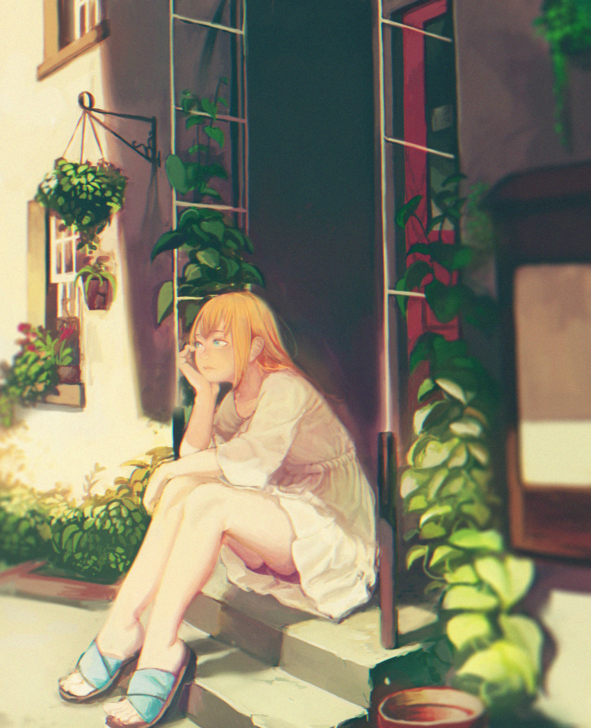 absurdres bike_shorts blonde_hair blue_eyes dress feet female flower hand_on_own_chin hantsuki_(ichigonichiya) highres long_hair original outdoors panties pantyshot photoshop_(medium) plant sandals sitting solo toes underwear white_dress