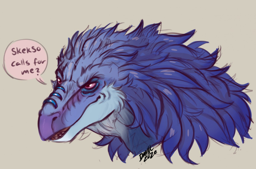 2020 anthro avian beak bust_portrait dialogue digital_media_(artwork) english_text female fur leoh portrait red_eyes signature skeksa skeksis solo speech_bubble teeth text the_dark_crystal