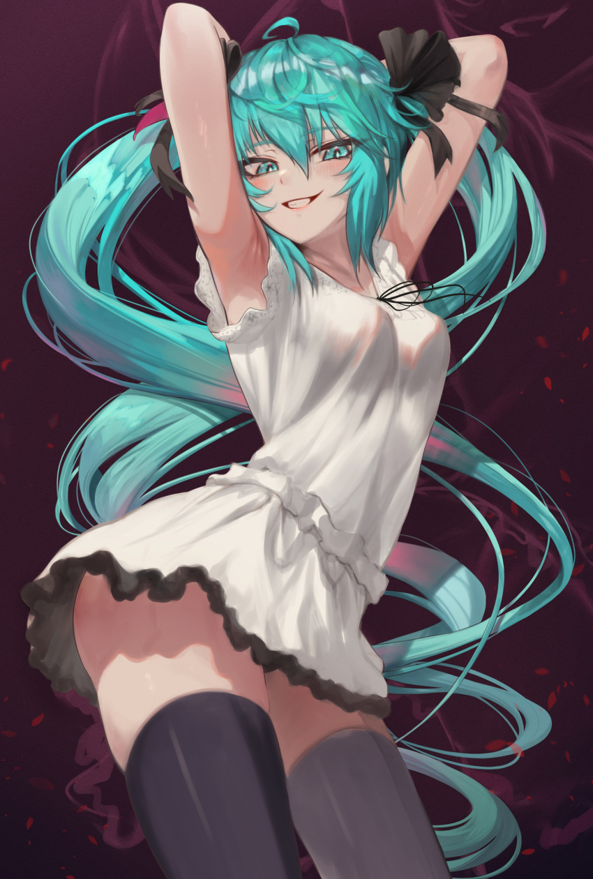 ahoge armpits arms_behind_head arms_up black_ribbon black_thighhighs blue_eyes blue_hair breasts commentary cowboy_shot dancing dress eyes_visible_through_hair female grin hair_between_eyes hair_ribbon hatsune_miku highres long_hair looking_at_viewer me!me!me! me!me!me!_dance_(meme) medium_breasts meme ribbon sleeveless sleeveless_dress smile solo standing supreme_(module) thighhighs torriet twintails very_long_hair vocaloid white_dress world_is_mine_(vocaloid)