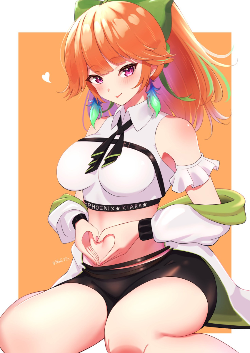 bad_id bad_twitter_id bike_shorts blush breasts earrings feathers female feweryen hair_ribbon hands_on_own_stomach heart heart_hands highres hololive hololive_english jacket jewelry large_breasts legs long_hair looking_at_viewer multicolored_hair navel off_shoulder official_alternate_costume orange_hair ponytail purple_eyes ribbon shirt smile solo sparks_(takanashi_kiara) takanashi_kiara thick_thighs thighs tongue tongue_out uterus_pose virtual_youtuber