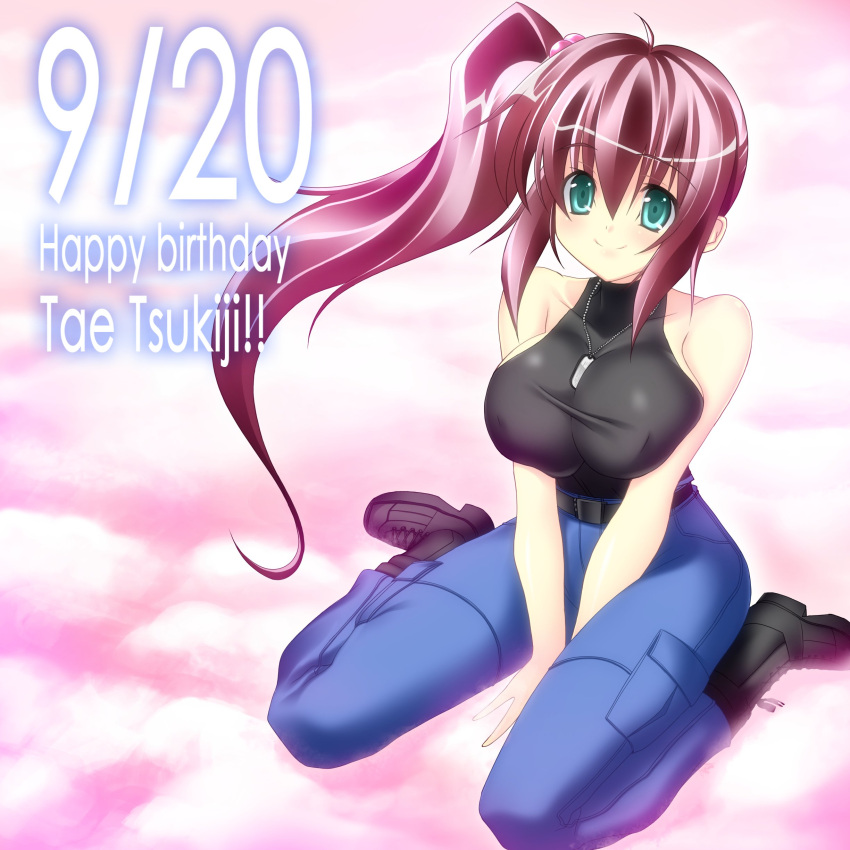 absurdres aqua_eyes belt black_belt black_footwear black_shirt blue_pants boots bou_(inubou) breasts brown_hair cargo_pants character_name cloud covered_collarbone dog_tags female hair_behind_ear halter_shirt halterneck happy_birthday highres large_breasts looking_up muv-luv muv-luv_altered_fable official_art pants shirt shirt_tucked_in side_ponytail sitting smile solo tsukiji_tae wariza