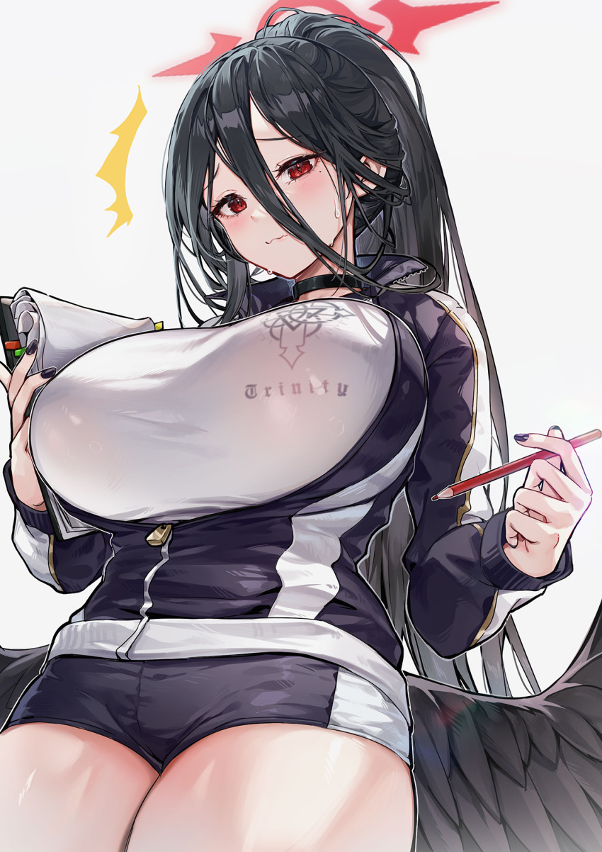 black_hair black_jacket black_wings blue_archive breasts closed_mouth female grey_background gym_uniform hair_between_eyes halo hasumi_(blue_archive) hasumi_(track)_(blue_archive) highres huge_breasts jacket long_hair looking_at_viewer low_wings official_alternate_costume picter red_eyes shirt simple_background solo thick_thighs thighs track_jacket white_shirt wings