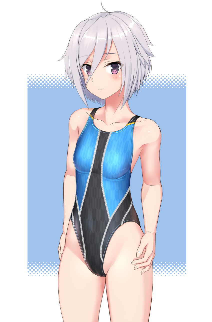 absurdres ahoge black_one-piece_swimsuit blue_background breasts commentary_request competition_swimsuit cowboy_shot female grey_hair hair_between_eyes highres itomi_sayaka multicolored_clothes multicolored_swimsuit one-piece_swimsuit purple_eyes short_hair small_breasts solo standing swimsuit takafumi toji_no_miko two-tone_background variant_set yagasuri