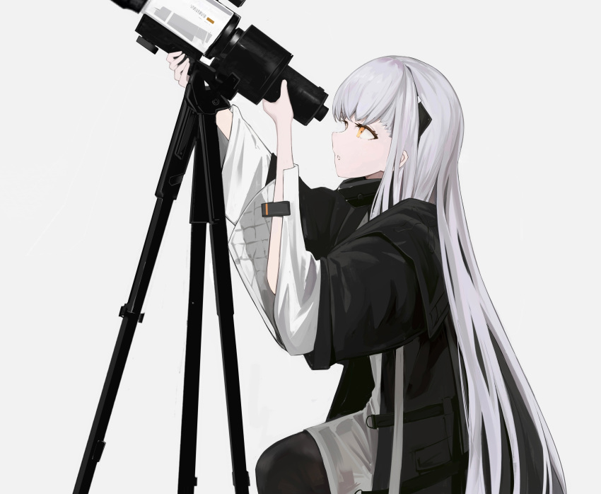 absurdres ak-alfa_(girls'_frontline) amamizu_shizuku black_jacket black_legwear commentary_request cowboy_shot female girls'_frontline grey_background hairband highres jacket long_hair looking_through_scope orange_eyes parted_lips simple_background solo stargazing telescope white_hair