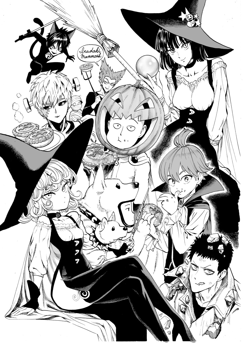 2girls 6+boys absurdres animal_ears bandages bankenman bare_shoulders bell black_sclera blunt_bangs blunt_ends breasts broom busaiku cape cat_boy cat_ears cat_tail choker cigarette coat collar collarbone colored_sclera commentary_request cosplay crystal_ball curly_hair doutei_(one-punch_man) eating food frankenstein's_monster frankenstein's_monster_(cosplay) fubuki_(one-punch_man) garou_(one-punch_man) genos greyscale halloween hat high_heels highres holding holding_food jack-o'-lantern looking_at_viewer medium_breasts monochrome multiple_boys multiple_girls mummy murata_yuusuke neck_bell official_art one-punch_man onsoku_no_sonic pie polearm pumpkin saitama_(one-punch_man) short_hair siblings simple_background sisters sitting small_breasts smile speech_bubble spiked_collar spikes stitches tail tatsumaki thighhighs trench_coat trident weapon white_background witch_hat zombieman