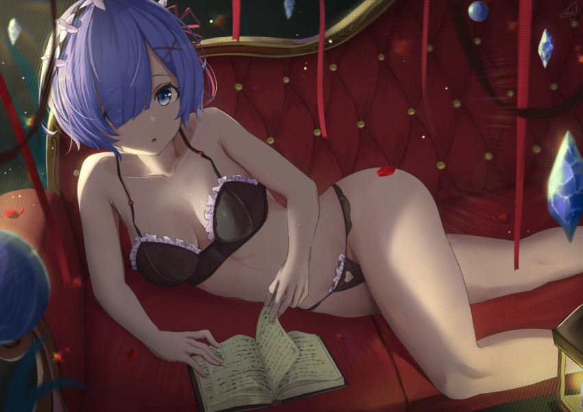 :o bare_arms bare_legs black_bra blue_eyes blue_hair blunt_bangs book bra breasts candle cleavage clothing_cutout collarbone commentary commission couch crystal english_commentary female frilled_bra frilled_panties frills hair_ornament hair_over_one_eye headdress heart_cutout lamp light_particles looking_at_viewer lying medium_breasts nev_(nevblindarts) on_side open_mouth pages panties petals re:zero_kara_hajimeru_isekai_seikatsu rem_(re:zero) rose_petals short_hair solo streamers string_panties thighs underwear underwear_only x_hair_ornament yarn yarn_ball