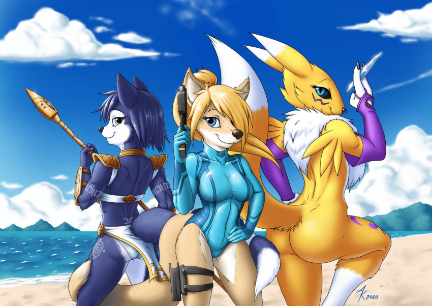 alternate_species anthro armor arms_bent armwear ass atticuskotch back_to_back bandai_namco beach bent_leg between_legs bikini blaster blonde_hair bottomless bottomwear bounty_hunter breasts butt_heart canid canine chest_fur chest_tuft clothed clothing cloud crossover digimon digimon_(species) digital_media_(artwork) duo female fox fox_samus_aran fur group gun hair hand_on_hip hand_on_own_hip holding_gun holding_hips holding_melee_weapon holding_object holding_polearm holding_ranged_weapon holding_spear holding_weapon krystal_(star_fox) latex leg_pouch leg_tattoo leotard loincloth looking_at_viewer looking_back mammal medium_breasts melee_weapon metroid nebula nintendo on_one_leg panties polearm pose presenting presenting_hindquarters raised_foot raised_hand raised_tail ranged_weapon renamon samus_aran science_fiction seaside shaded side_boob sky spear staff standing star_fox straight_leg straight_legs swimwear tail tail_between_legs tail_on_leg tail_tuft tails_touching tattoo thick_tail thick_thighs tight_clothing tucked_arm tuft unconvincing_armor underwear weapon white_clothing white_panties white_underwear wide_hips wide_stance yellow_body yellow_fur yin_yang zero_suit