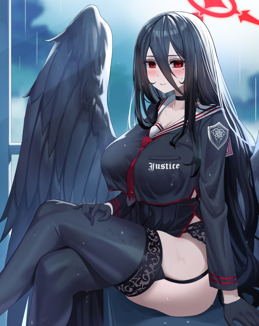 absurdres black_choker black_gloves black_hair black_skirt black_thighhighs black_wings blue_archive breasts choker crop_top crop_top_overhang crossed_legs ddog feathered_wings feet_out_of_frame female garter_straps gloves hair_between_eyes halo hasumi_(blue_archive) highres large_breasts long_hair long_sleeves looking_at_viewer mole mole_under_eye necktie rain red_eyes sailor_collar school_uniform serafuku side_slit sitting skindentation skirt solo thighhighs thighs very_long_hair wet white_sailor_collar wings