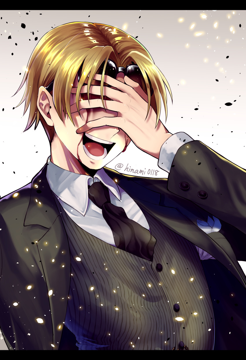 1boy absurdres blonde_hair blood blood_on_face collared_shirt covered_eyes facing_viewer fate/grand_order fate_(series) formal gradient_background hand_on_own_face highres koha-ace laughing letterboxed light_particles long_sleeves male_focus maxwell's_demon_(fate) necktie shirt short_hair simple_background solo suit sunglasses upper_body vest zassou_(ukjpn)