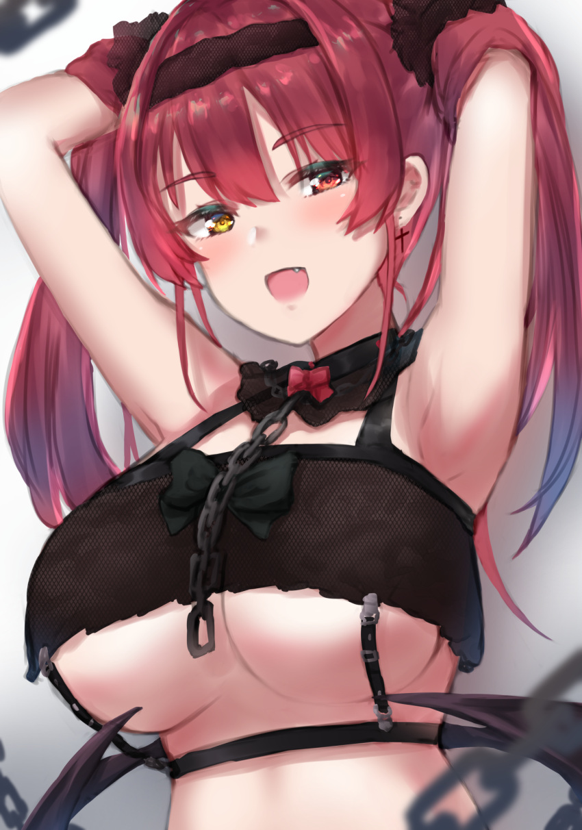 :d armpits arms_up bad_id bad_pixiv_id black_bow blush bow breasts chains choker cross cross_earrings earrings female fishnet_top fishnets hairband hands_in_hair hands_up heterochromia highres hololive houshou_marine jewelry kousi_sirazawa lace_hairband large_breasts latin_cross lingerie long_hair looking_at_viewer oerba_yun_fang open_mouth red_bow red_eyes red_hair smile solo twintails underboob underwear upper_body virtual_youtuber yellow_eyes