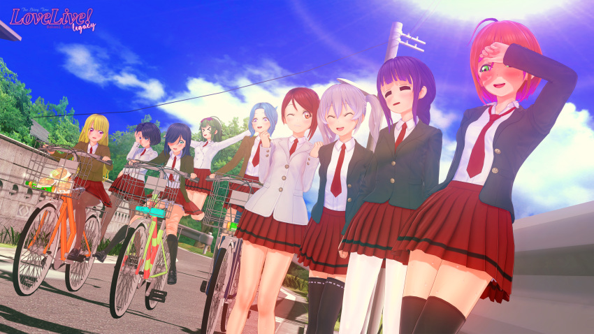 3d 6+girls absurdres bicycle black_hair black_jacket blonde_hair blue_hair brown_eyes brown_jacket green_eyes green_hair highres jacket koikatsu_(medium) light_blue_hair love_live! md5_mismatch multiple_girls necktie original outdoors purple_hair red_necktie red_skirt riding riding_bicycle school_uniform self-upload shinytime skirt thighhighs white_hair white_jacket