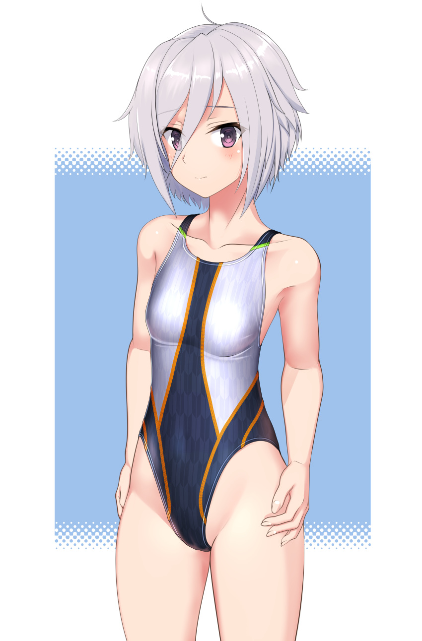 absurdres ahoge black_one-piece_swimsuit blue_background breasts commentary_request competition_swimsuit cowboy_shot female grey_hair hair_between_eyes highres itomi_sayaka multicolored_clothes multicolored_swimsuit one-piece_swimsuit purple_eyes short_hair small_breasts solo standing swimsuit takafumi toji_no_miko two-tone_background two-tone_swimsuit variant_set yagasuri