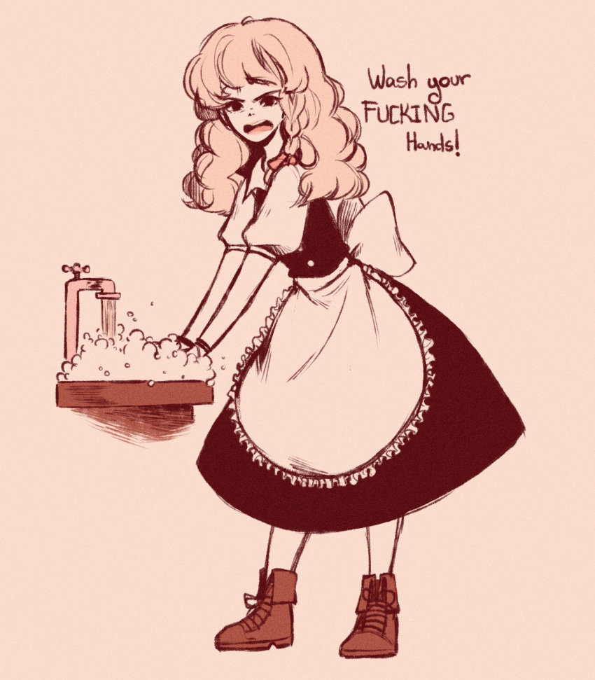 angry ankle_boots apron back_bow bad_id bad_twitter_id black_skirt black_vest blonde_hair boots bow braid collared_shirt commentary coronavirus_pandemic cross-laced_footwear english_commentary english_text faucet female highres kirisame_marisa lace-up_boots linmiee long_hair long_skirt looking_at_viewer no_headwear profanity public_service_announcement puffy_short_sleeves puffy_sleeves shirt short_sleeves side_braid single_braid sink skirt skirt_set soap_bubbles solo touhou vest waist_apron washing_hands wavy_hair