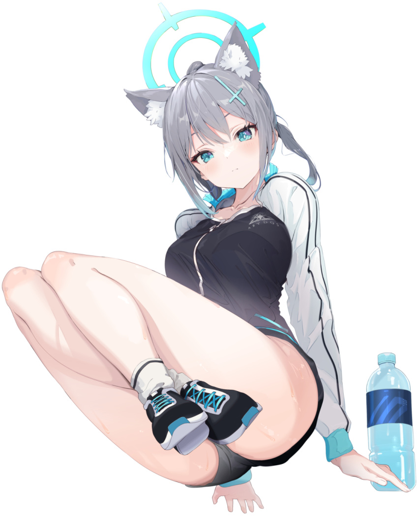 animal_ear_fluff animal_ears black_buruma black_jacket blue_archive blue_eyes blush bottle breasts buruma cross_hair_ornament extra_ears female grey_hair hair_ornament halo highres jacket long_sleeves looking_at_viewer medium_breasts medium_hair shiroko_(blue_archive) shoes sidelocks sneakers solo track_jacket vane_(vane0) water_bottle white_sleeves wolf_ears