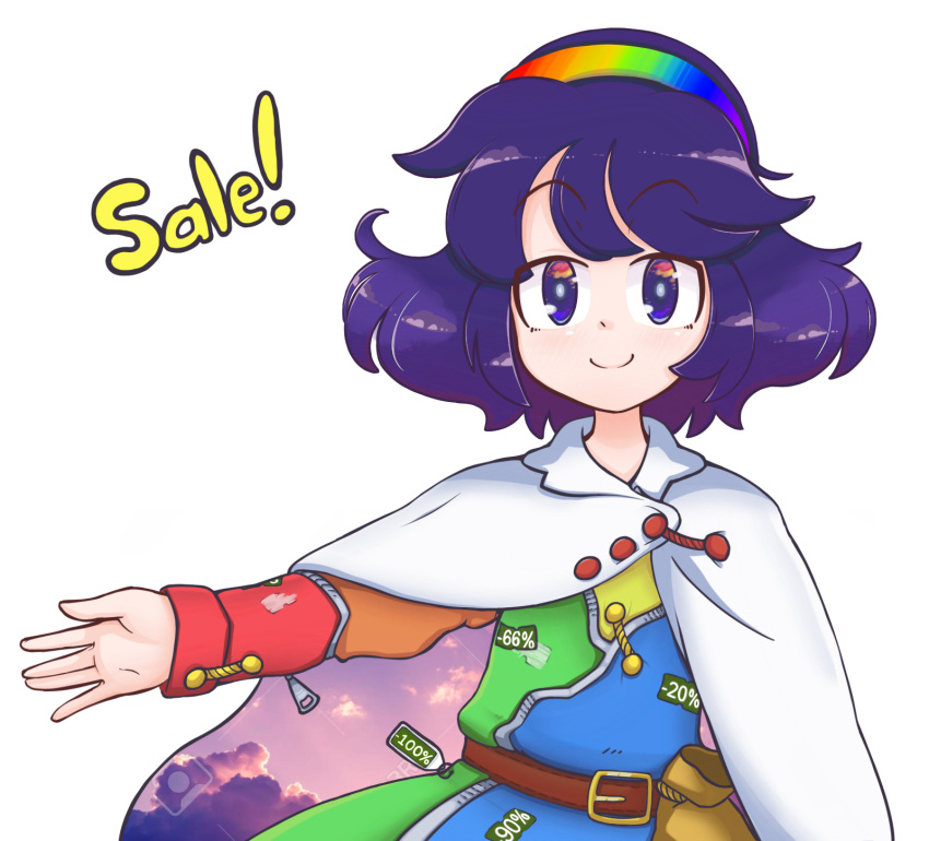 belt brown_belt cape cloak closed_mouth cloud_print dress english_text female hairband happy highres keb00b long_sleeves multicolored_clothes multicolored_dress multicolored_hairband patchwork_clothes purple_eyes purple_hair rainbow_gradient short_hair simple_background sky_print smile solo tenkyuu_chimata touhou two-sided_cape two-sided_fabric watermark white_background white_cloak yellow_bag zipper zipper_pull_tab