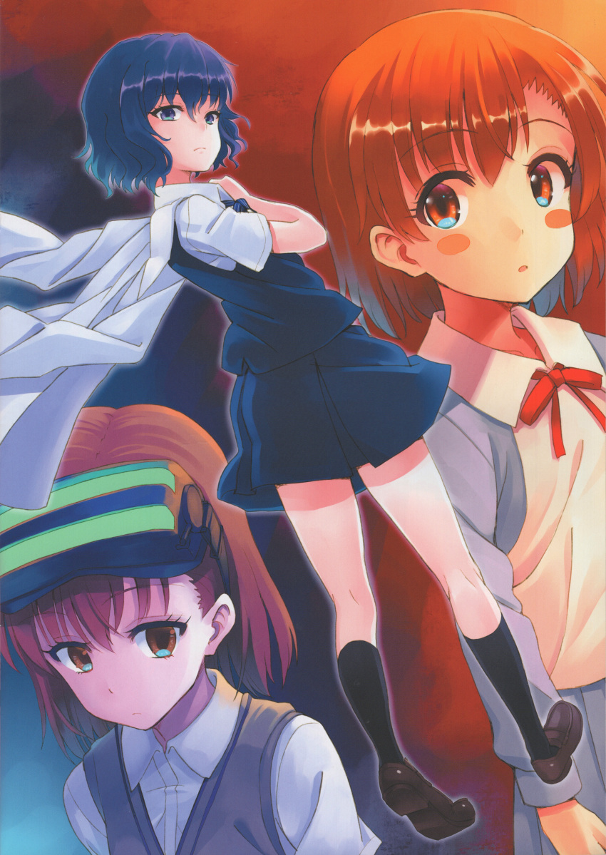 3girls absurdres blue_eyes blue_hair brown_eyes brown_hair head-mounted_display highres hyuuga_azuri long_hair misaka_imouto misaka_mikoto multiple_girls nunotaba_shinobu paint.net_(medium) purple_eyes school_uniform short_hair toaru_kagaku_no_railgun toaru_kagaku_no_railgun_s toaru_majutsu_no_index tokiwadai_school_uniform visor