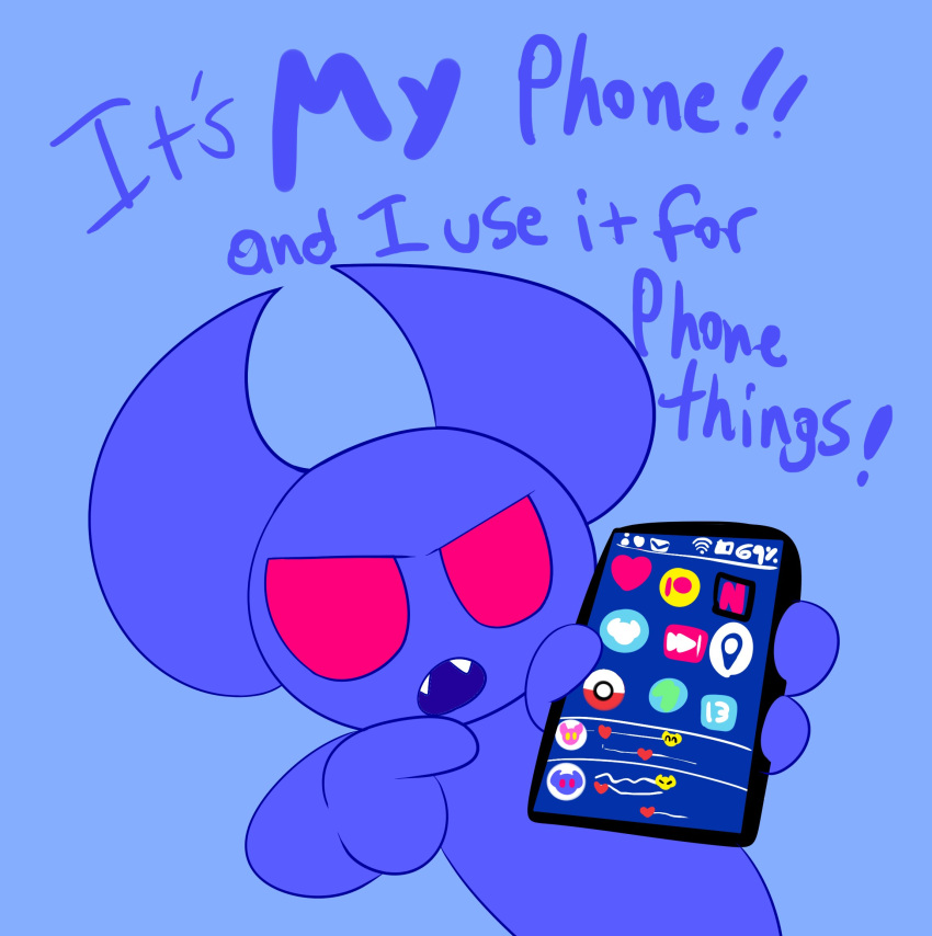 69_(number) blue_background cellphone demon electronics flat_colors heart_symbol hi_res holding_cellphone holding_object holding_phone holding_smartphone horn humanoid imp male mark_m netflix nintendo number patreon percentage phone pokeball pokemon reaction_image red_eyes signal_reception_bar simple_background smartphone solo teeth text zilx_(bugmag)