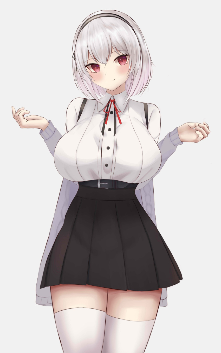 azur_lane belt black_belt black_skirt blush breasts cardigan cardigan_pull closed_mouth feet_out_of_frame female grey_cardigan hairband highres kdkaikai large_breasts looking_at_viewer neck_ribbon red_eyes red_ribbon ribbon shirt short_hair sirius_(azur_lane) skirt smile solo standing suspender_skirt suspenders thighhighs white_background white_hair white_shirt white_thighhighs