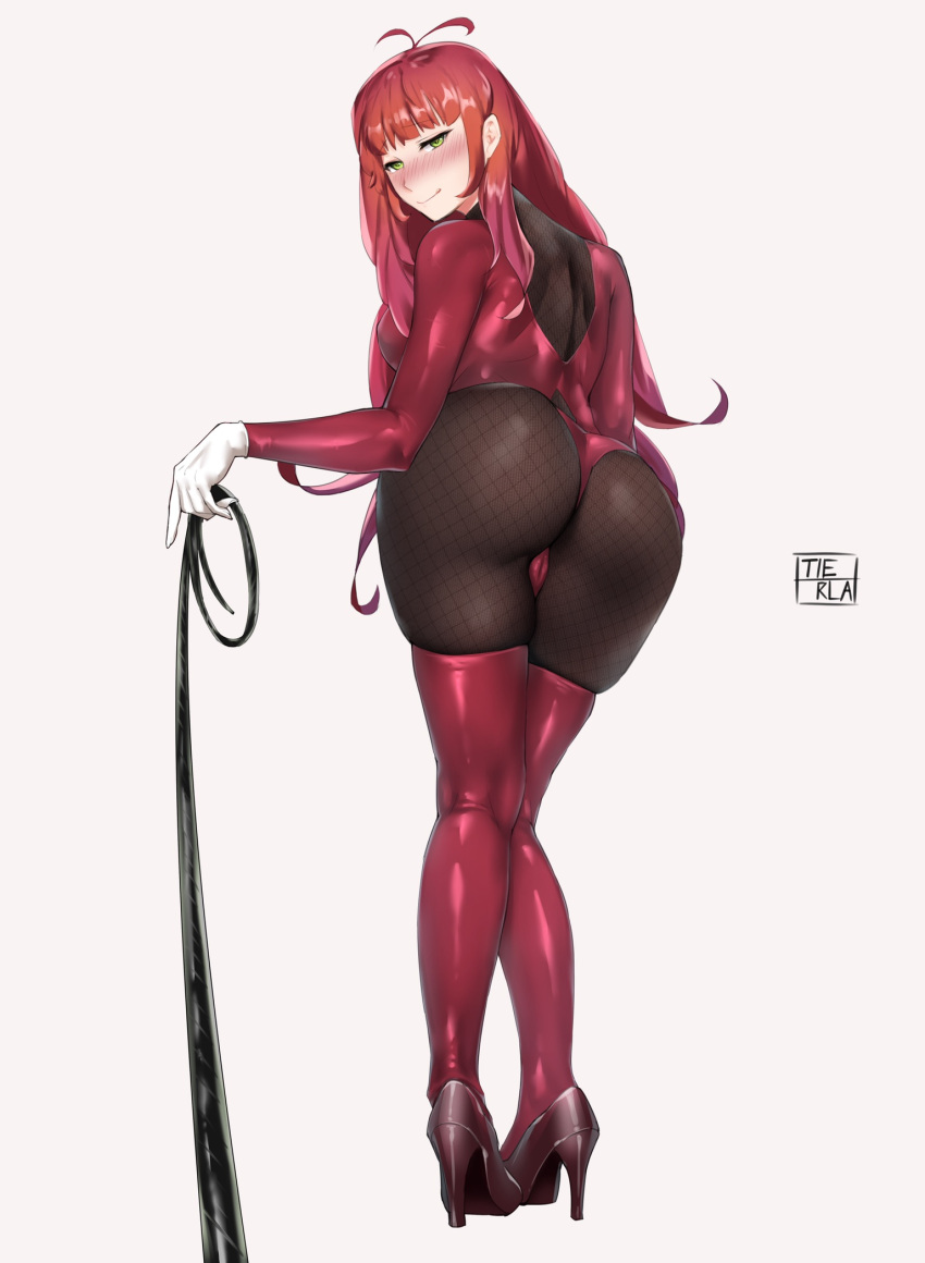 artist_name biker_clothes bikesuit black_legwear blush bodysuit bondage brown_legwear commentary commission female femdom fishnet_pantyhose fishnets gloves green_eyes high_heels highres leash leotard long_sleeves looking_at_viewer original pantyhose pixiv_commission pov red_hair red_legwear red_leotard skin_tight solo thighhighs thighs thong_leotard tierla viewer_on_leash white_gloves