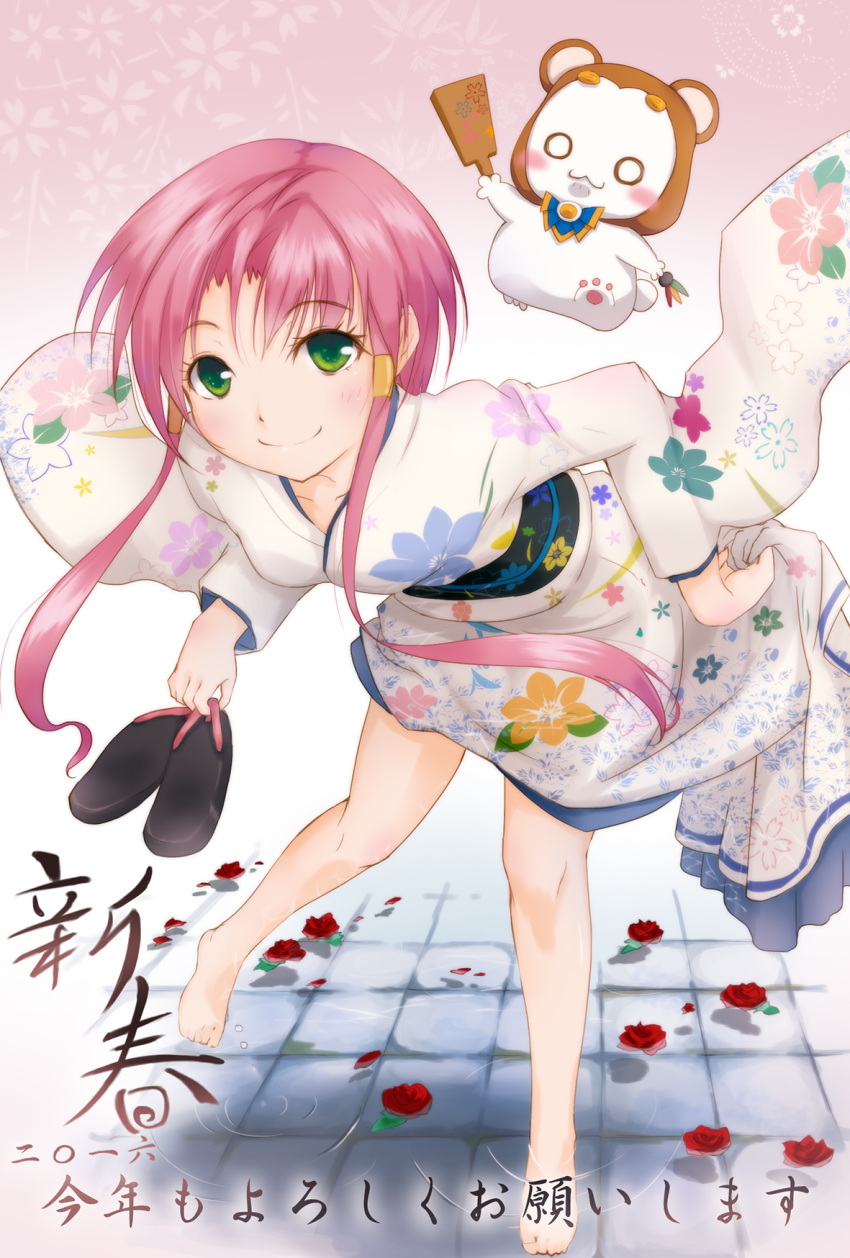 alternate_costume aria_(manga) aria_pokoteng bare_legs barefoot bent_over blush closed_mouth feline female floral_print flower full_body green_eyes harou_(celebe-4) highres holding holding_clothes holding_footwear japanese_clothes kimono kimono_pull kotoyoro leaning_forward legs looking_at_viewer mizunashi_akari nengajou new_year obi obijime parted_hair photoshop_(medium) pink_hair print_kimono sandals sash short_hair_with_long_locks sidelocks smile solo standing tabi translated unworn_sandals wading water