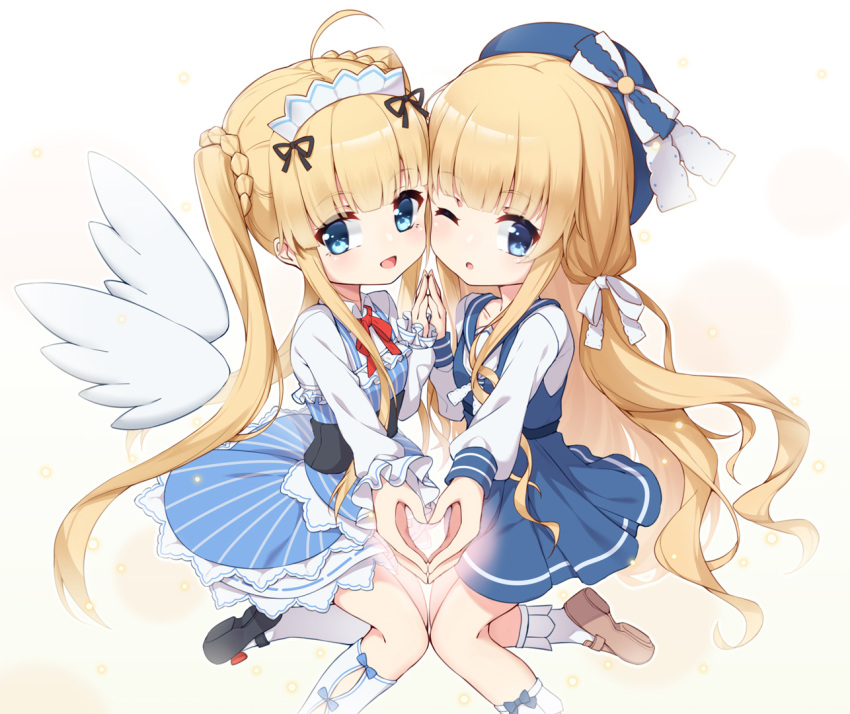 2girls :d ;o ahoge beret black_footwear blonde_hair blue_dress blue_eyes blue_headwear blush bobby_socks bow braid brown_background brown_footwear chinese_commentary collared_shirt commentary_request copyright_request detached_wings dress hairbow hand_up hat heart heart_hands heart_hands_duo kneehighs long_hair long_sleeves mary_janes multiple_girls one_eye_closed open_mouth outstretched_arm parted_lips puffy_long_sleeves puffy_sleeves shirt shoes sleeveless sleeveless_dress sleeves_past_wrists smile socks striped twintails vertical_stripes very_long_hair virtual_youtuber white_bow white_legwear white_shirt white_wings wings yuxian_youka