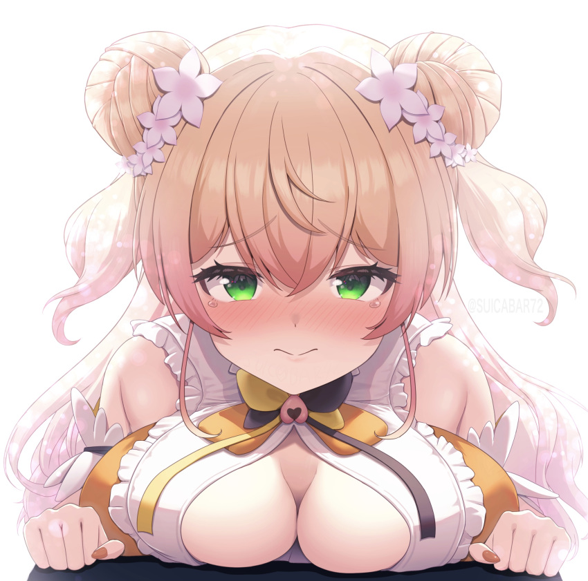 black_bow black_bowtie blonde_hair blush bow bowtie breasts cleavage cleavage_cutout clothing_cutout detached_sleeves double_bun female frilled_shirt frills green_eyes hair_bun highres hololive large_breasts looking_at_viewer momosuzu_nene momosuzu_nene_(1st_costume) multicolored_bowtie nail_polish orange_bow orange_bowtie orange_nails orange_shirt shirt sleeveless sleeveless_shirt solo suicabar72 two_side_up virtual_youtuber white_background white_sleeves yellow_bow yellow_bowtie