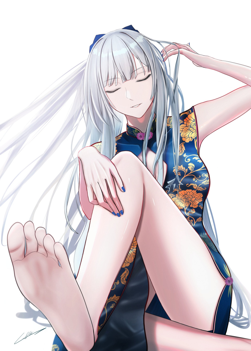 absurdres ak-12_(girls'_frontline) alternate_costume artist_name bare_legs barefoot blue_dress blue_nails breasts china_dress chinese_clothes cleavage_cutout closed_eyes clothing_cutout commentary_request dress feet female foot_focus foot_out_of_frame foot_up foreshortening gincho girls'_frontline highres legs long_hair medium_breasts nail_polish parted_lips sidelocks signature simple_background sitting sleeveless sleeveless_dress smile soles solo toes white_background white_hair