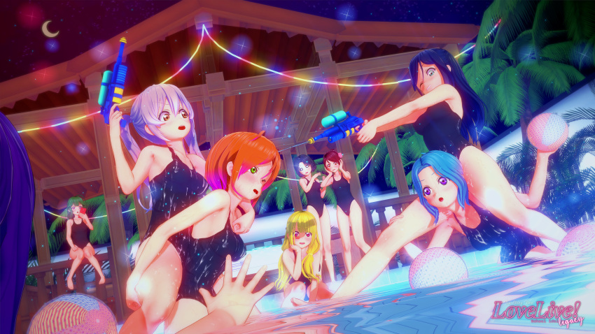 3d 6+girls absurdres black_hair blonde_hair blue_hair brown_eyes green_eyes green_hair highres koikatsu_(medium) light_blue_hair love_live! md5_mismatch multiple_girls night night_sky orange_hair original pink_eyes pool purple_eyes red_hair school_swimsuit self-upload shinytime sky swimsuit water water_gun white_hair