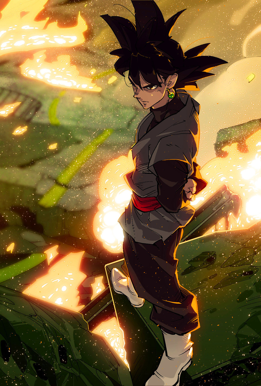 1boy arms_behind_back black_eyes black_hair boots dragon_ball dragon_ball_super earrings embers expressionless fire full_body goku_black highres jewelry light long_hair long_sleeves male_focus outdoors pavement photoshop_(medium) potara_earrings road shadow single_earring solo spiked_hair standing street supobi