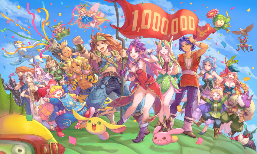 6+boys 6+girls absurdres angela_(seiken_densetsu_3) armor barefoot blue_sky breasts buck_teeth charlotte_(seiken_densetsu_3) cleavage cloud commentary confetti day deathjester duran_(seiken_densetsu_3) english_commentary everyone faerie_(seiken_densetsu_3) flag flammie flying goggles haccan hawkeye_(seiken_densetsu_3) heath_(seiken_densetsu_3) highres isabella_(seiken_densetsu_3) jessica_(seiken_densetsu_3) kevin_(seiken_densetsu_3) large_breasts leotard medium_breasts milestone_celebration multiple_boys multiple_girls muscular official_art open_mouth outdoors rabite_(seiken_densetsu) riesz round_teeth seiken_densetsu seiken_densetsu_3 shoulder_armor showgirl_skirt sky smile square_enix standing teeth valda_(seiken_densetsu_3)