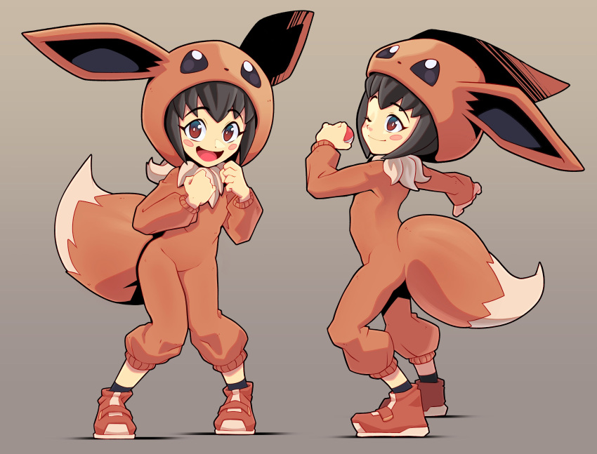 ;) absurdres arnaud_tegny black_hair black_legwear blush_stickers brown_eyes brown_footwear clenched_hands commentary cosplay eevee eevee_(cosplay) female full_body grey_background hands_up highres holding holding_poke_ball hood hood_up knees_together_feet_apart multiple_views one_eye_closed open_mouth poke_ball poke_ball_(basic) poke_kid_(pokemon) pokemon pokemon_swsh revision shoes short_hair smile socks standing tongue