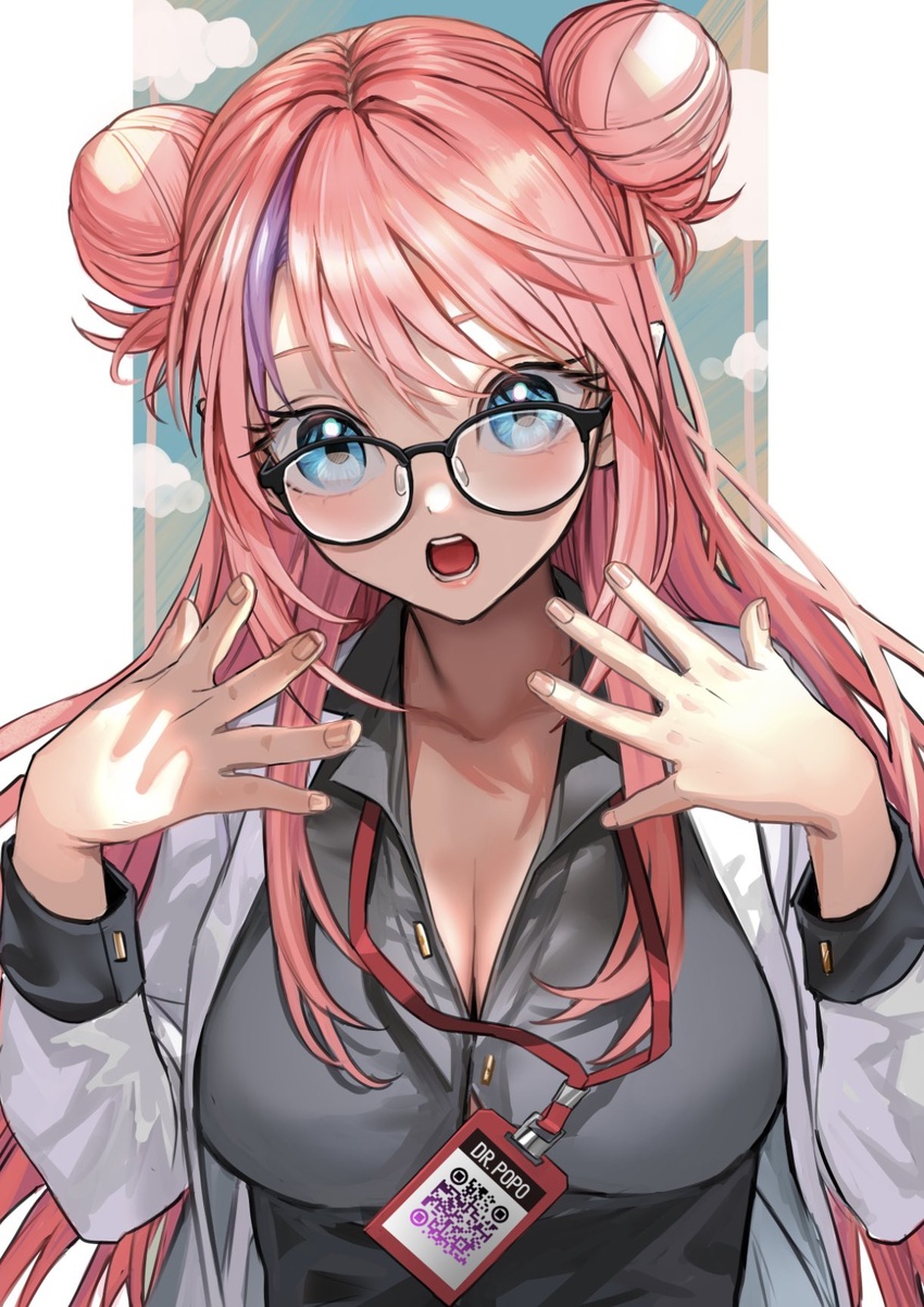 aqua_eyes black-framed_eyewear blue_eyes breasts cleavage collarbone commission double_bun female fingernails glasses grey_shirt hair_bun highres jacket katekari_yuusuke lanyard long_hair name_tag office_lady open_mouth original pink_hair shirt skeb_commission teeth white_jacket