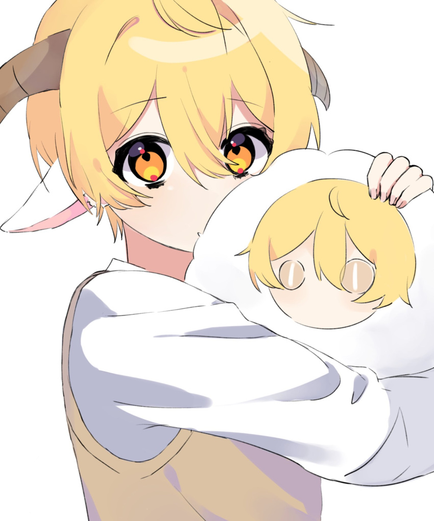 1boy animal_ears blonde_hair blush commentary highres horns hosizora_(sparetime) hugging_object looking_at_viewer male_focus protected_link root_(stpri) school_uniform sheep_boy sheep_ears sheep_horns strawberry_prince stuffed_animal stuffed_toy symbol-only_commentary utaite white_background yellow_eyes