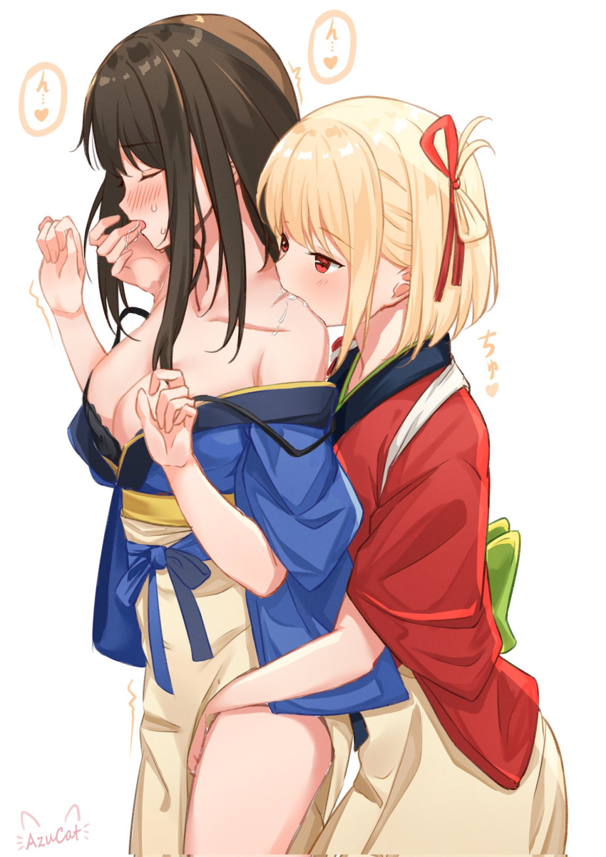 2girls arms_up artist_name assertive_female bad_id bad_twitter_id biting biting_shoulder black_hair blonde_hair blue_kimono blush breasts captain_yina cleavage commentary_request covered_nipples finger_sucking green_sash hair_between_eyes hand_in_another's_mouth hand_on_another's_crotch heart highres implied_fingering implied_orgasm inoue_takina japanese_clothes kimono long_hair lycoris_recoil medium_breasts multiple_girls neck nishikigi_chisato orgasm red_eyes red_kimono red_ribbon ribbon saliva sash short_hair sweat thighs touching_another's_crotch wide_hips yuri