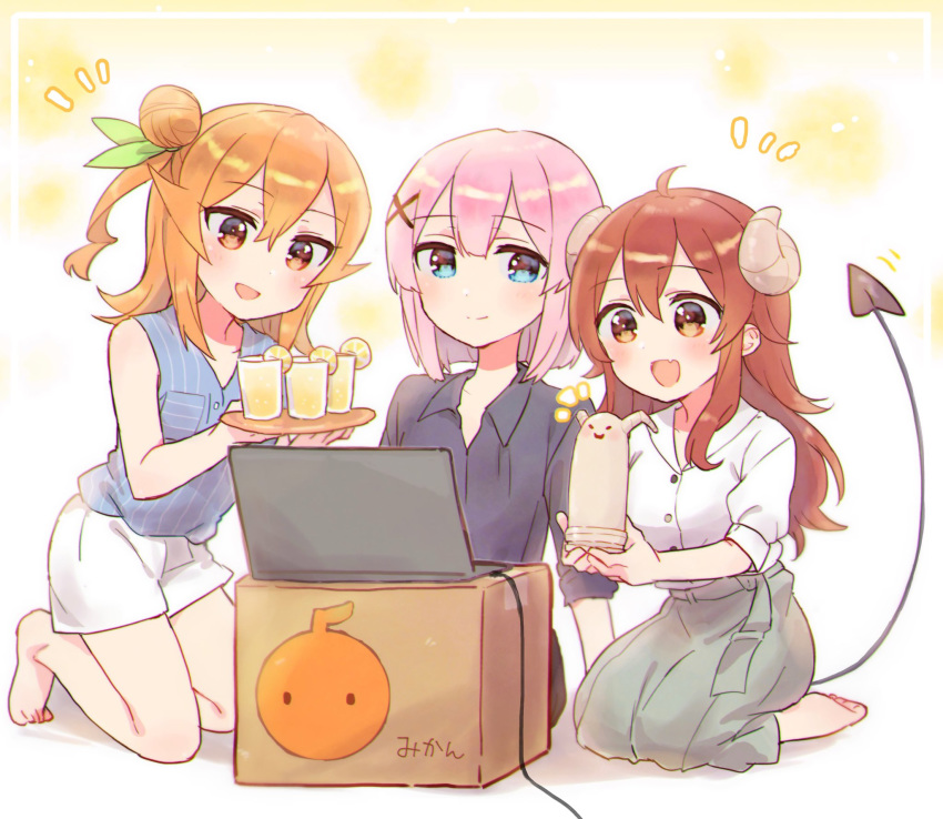 3girls ahoge box brown_eyes brown_hair cardboard_box casual chiyoda_momo computer cup curled_horns demon_girl demon_horns demon_tail drinking_glass hair_ornament highres hinatsuki_mikan horns laptop lilith_(machikado_mazoku) long_hair machikado_mazoku mikan_box multiple_girls open_mouth pink_hair shirt skirt sorimachi-doufu tail tail_raised yoshida_yuuko_(machikado_mazoku)