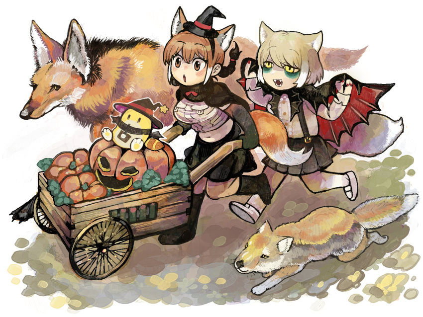 2girls alternate_costume alternate_hairstyle animal animal_ears blonde_hair boots braid braided_ponytail brown_eyes brown_hair cape cart commission creature_and_personification extra_ears fangs fox fox_ears fox_girl fox_tail hat highres igarashi_(nogiheta) jack-o'-lantern kemono_friends long_hair lucky_beast_(kemono_friends) maned_wolf_(kemono_friends) medium_hair midriff multicolored_hair multiple_girls navel open_mouth pantyhose pumpkin pushing pushing_cart running shirt shoes sidelocks single_braid skeb_commission skirt stomach tail tibetan_fox_(kemono_friends) two-tone_hair vampire_costume w white_hair witch_hat wolf wolf_ears wolf_girl wolf_tail yellow_eyes