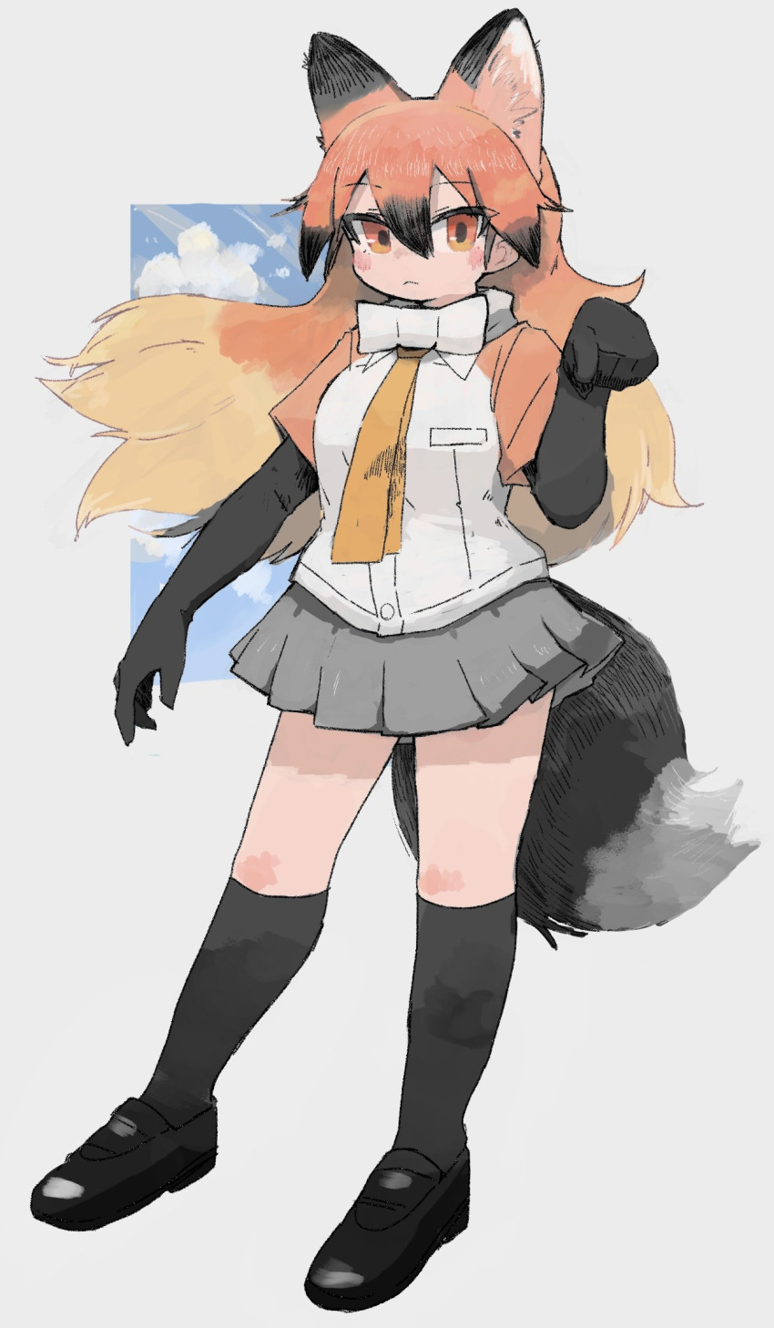 animal_ear_fluff animal_ears black_footwear black_gloves black_hair black_socks blonde_hair blush bow closed_mouth cloud elbow_gloves female gloves grey_background grey_necktie hair_between_eyes highres kemono_friends light_rays long_hair multicolored_hair naka_(buttergirl_02) necktie orange_eyes orange_hair orange_necktie red_fox_(kemono_friends) skirt sky socks solo standing tail white_bow