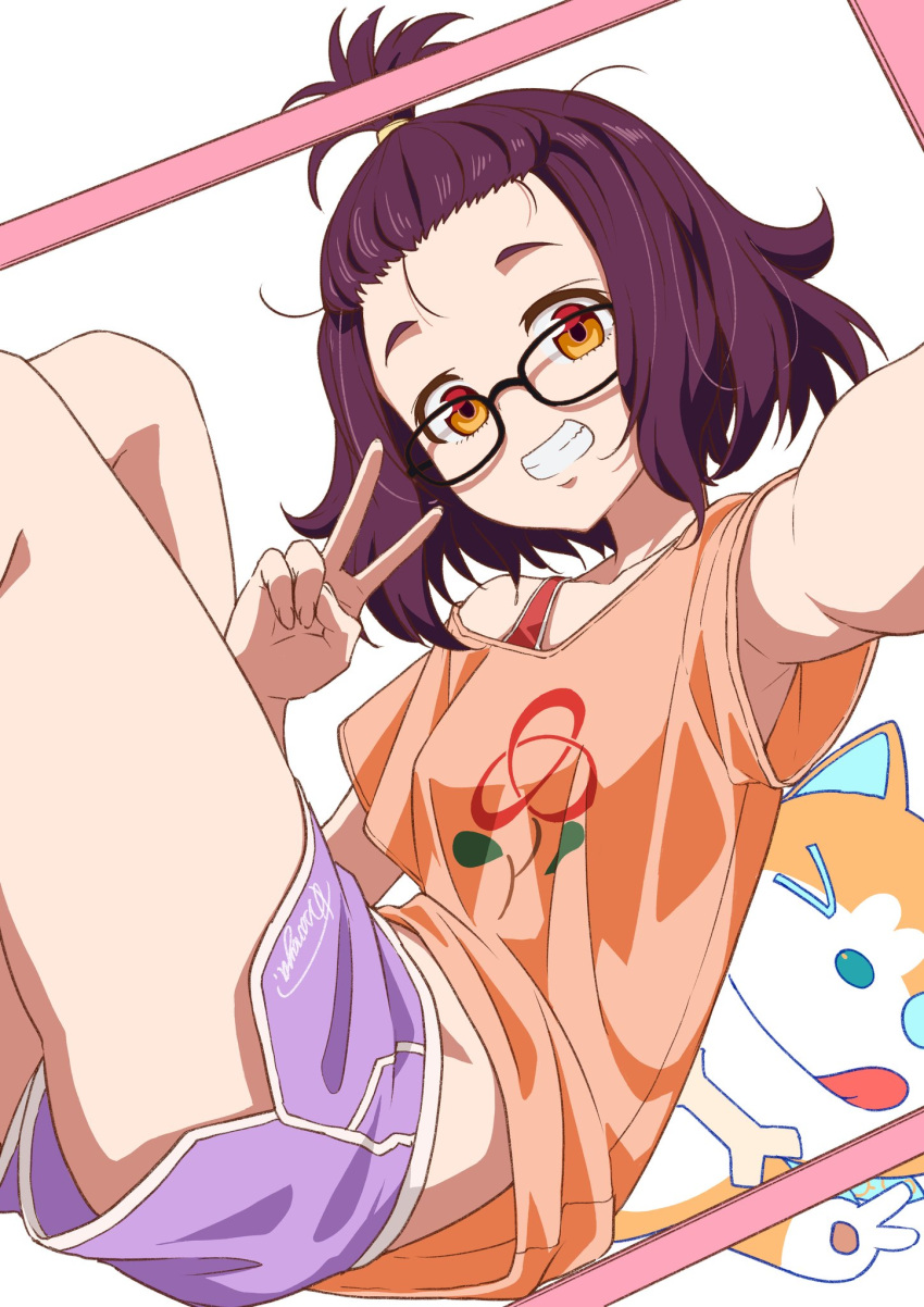 armpits asanaya blush breasts canine female glasses godzilla_(series) godzilla_singular_point highres kamino_mei looking_at_viewer medium_hair orange_eyes orange_shirt purple_hair shirt short_shorts shorts simple_background sitting small_breasts smile solo teeth v viewfinder white_background