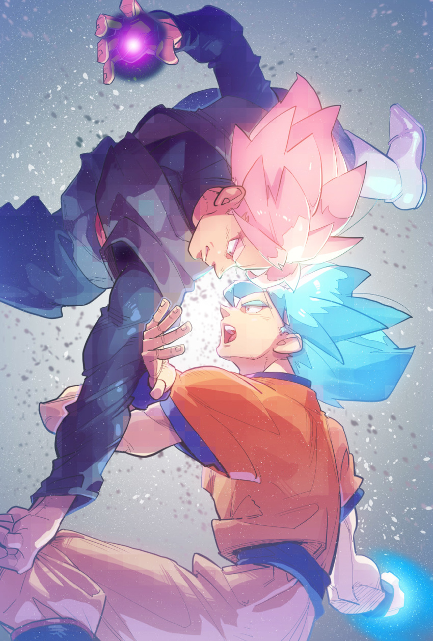 2boys bad_id bad_pixiv_id blue_hair boots dougi dragon_ball dragon_ball_super duel dynamic_pose earrings fighting_stance fist_fight glowing glowing_hair goku_black hand_to_hand highres jewelry long_hair long_sleeves looking_at_another male_focus multiple_boys muscular muscular_male open_mouth pants pink_hair potara_earrings short_sleeves simple_background single_earring son_goku spiked_hair super_saiyan super_saiyan_blue super_saiyan_rose supobi