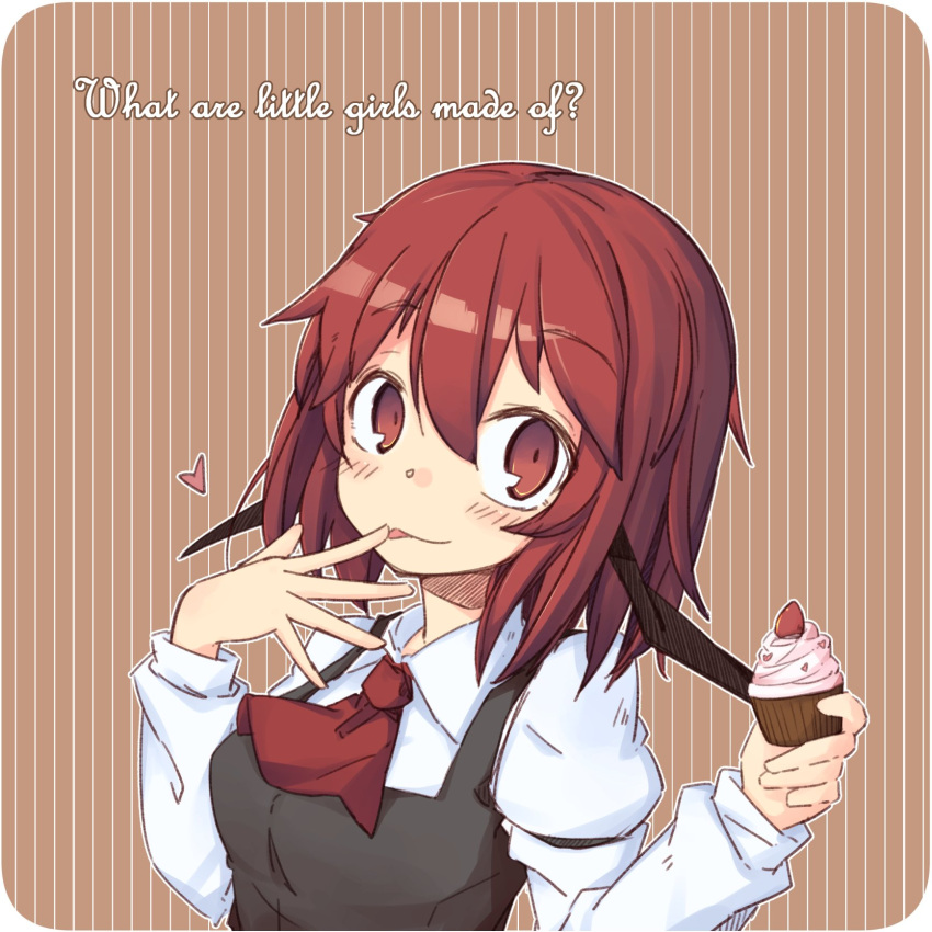 :p alternate_hair_length alternate_hairstyle armband ascot ayase_yuuki_(mikan_mochi) bat_wings black_vest breasts cupcake dress_shirt english_text female finger_to_mouth food hair_between_eyes head_wings heart highres holding holding_food juliet_sleeves koakuma long_sleeves looking_at_viewer looking_to_the_side medium_breasts puffy_sleeves red_ascot red_eyes red_hair shirt short_hair simple_background solo striped striped_background tan_background tongue tongue_out touhou vest white_shirt wings