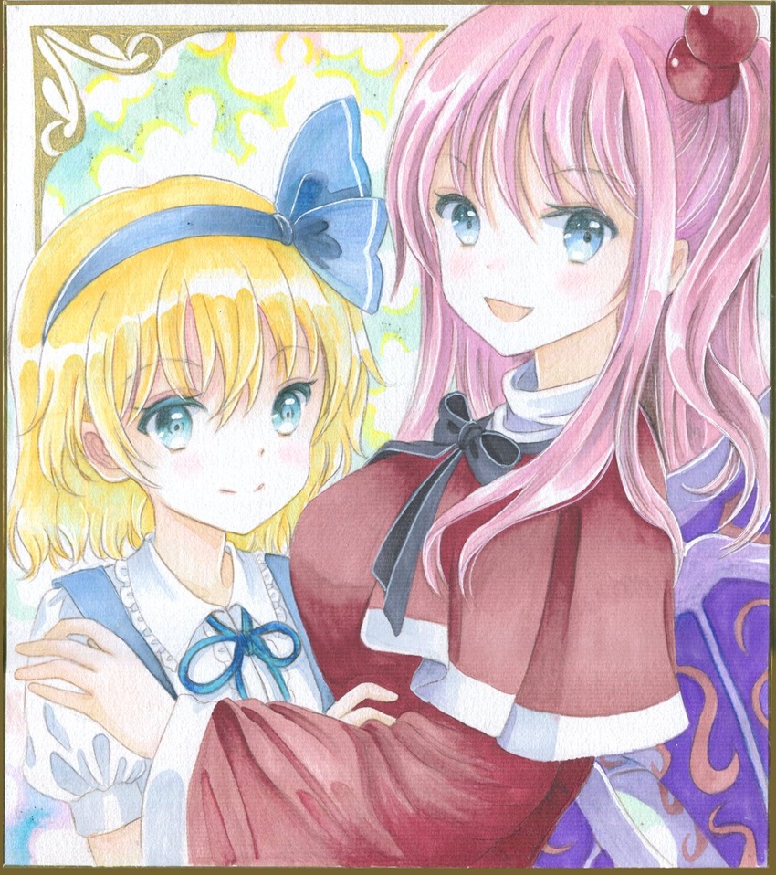 2girls aged_down alice_margatroid alice_margatroid_(pc-98) black_ribbon blonde_hair blue_bow blue_eyes blue_hairband blue_ribbon bow breasts collared_shirt demon_wings frilled_shirt_collar frills graphite_(medium) hair_bobbles hair_ornament hairband hairbow hajike_akira highres hug long_hair long_sleeves medium_breasts mother_and_daughter multiple_girls multiple_views photo_(medium) pink_hair ribbon shinki_(touhou) shirt short_hair side_ponytail touhou touhou_(pc-98) traditional_media white_shirt wide_sleeves wings