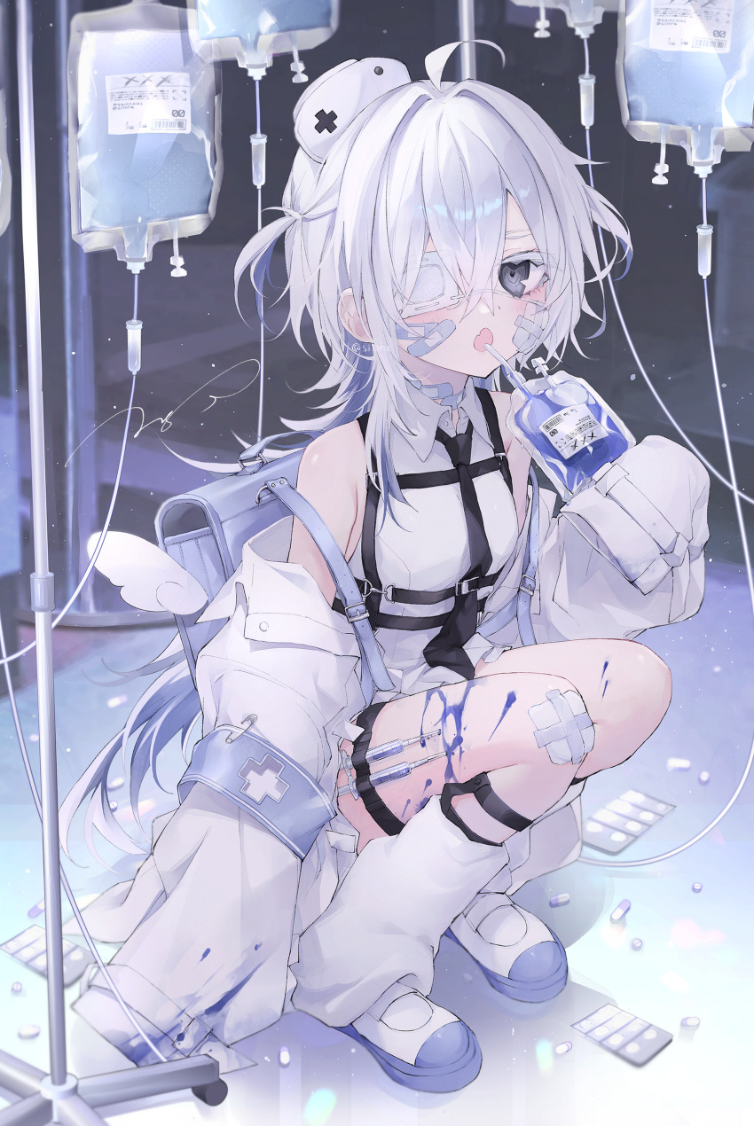 absurdres ahoge angel_wings armband backpack bad_id bad_pixiv_id bag bandage_on_face bandage_on_knee bandages bandaid bandaid_on_face black_necktie blue_armband blue_bag blue_footwear chest_harness collared_shirt commentary_request eyepatch female grey_eyes hair_between_eyes harness hat highres holding holding_bag holster intravenous_drip iv_stand kneehighs lab_coat long_hair long_sleeves looking_at_viewer loose_socks mashiro_shiki medical_eyepatch medicine necktie nurse_cap oerba_yun_fang one_eye_covered open_mouth original pill shirt shoes skin_fang sleeveless sleeveless_shirt sleeves_past_fingers sleeves_past_wrists socks solo squatting syringe thigh_holster two-tone_footwear white_footwear white_hair white_hat white_shirt white_socks wings yami_kawaii