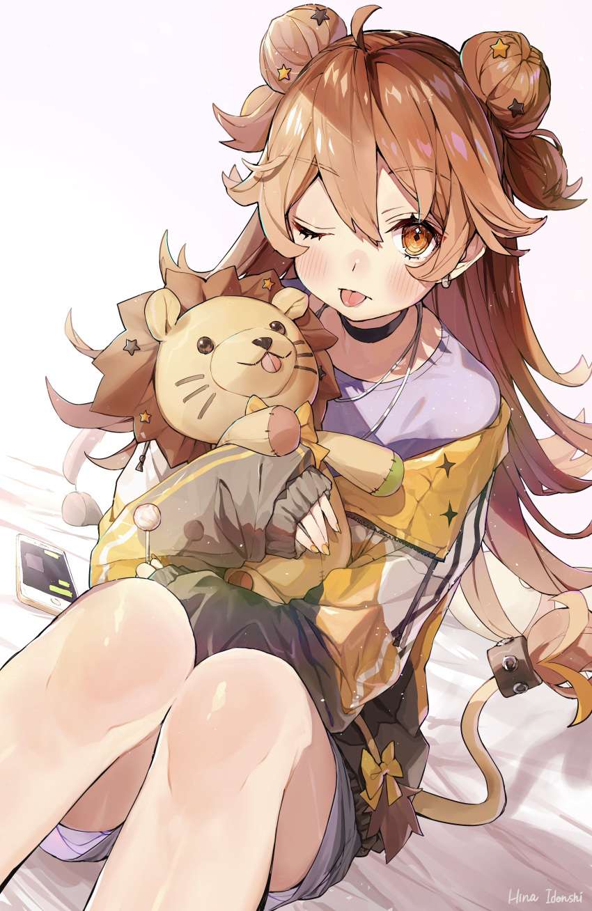 ;p absurdres ahoge black_choker blush bow bowtie brown_eyes brown_hair cellphone choker double_bun dutch_angle earrings feet_out_of_frame female grey_shirt grey_shorts hair_between_eyes hair_bun hair_ornament highres holding holding_stuffed_toy idenshi_hina jacket jewelry knees_together_feet_apart knees_up long_hair looking_at_viewer nail_polish necklace off_shoulder one_eye_closed orange_jacket orange_nails phone re:act shirt shishigami_leona short_sleeves shorts sleeves_past_wrists smartphone solo star_(symbol) star_hair_ornament stuffed_animal stuffed_lion stuffed_toy tail tongue tongue_out very_long_hair virtual_youtuber yellow_bow yellow_bowtie