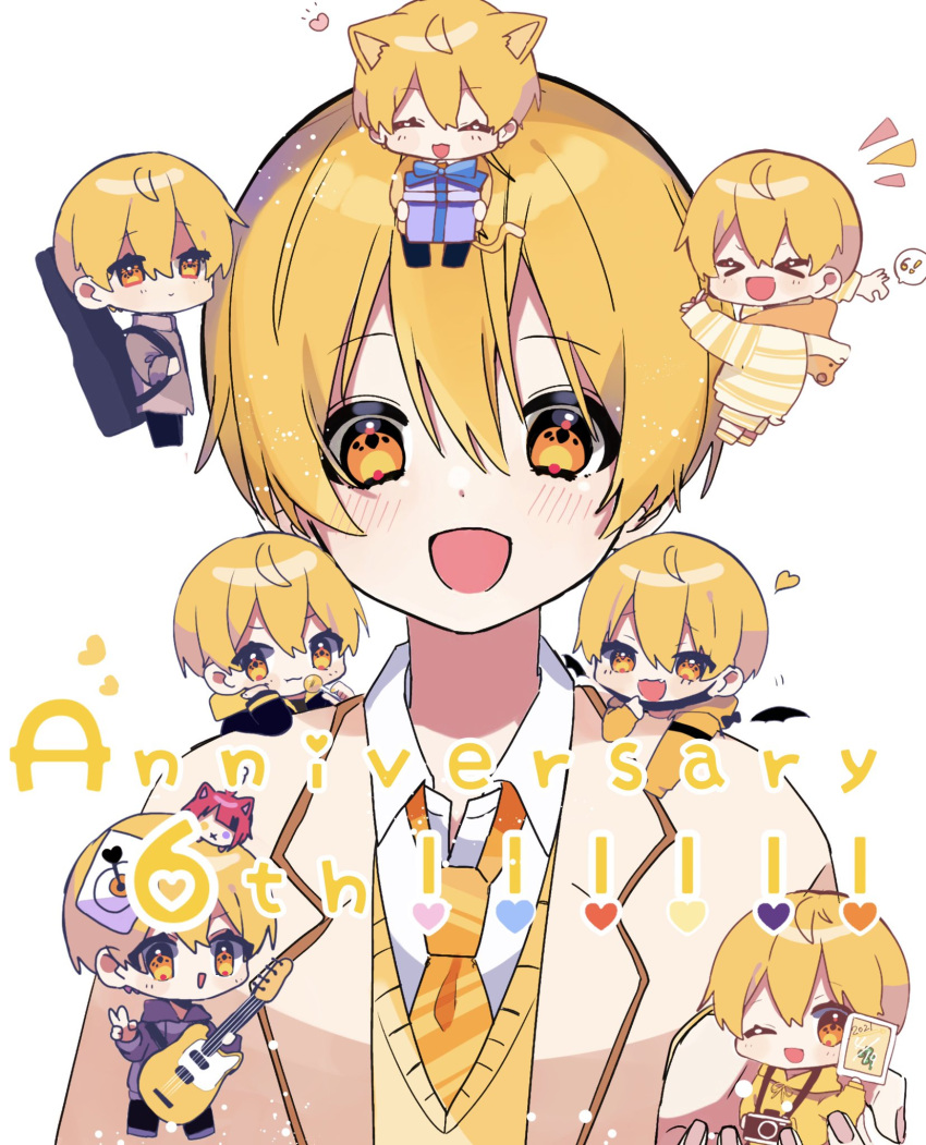 1boy anniversary blonde_hair blush chibi facing_viewer heart highres hosizora_(sparetime) looking_at_viewer male_focus multiple_views open_mouth protected_link root_(stpri) school_uniform short_hair simple_background smile strawberry_prince utaite white_background yellow_eyes