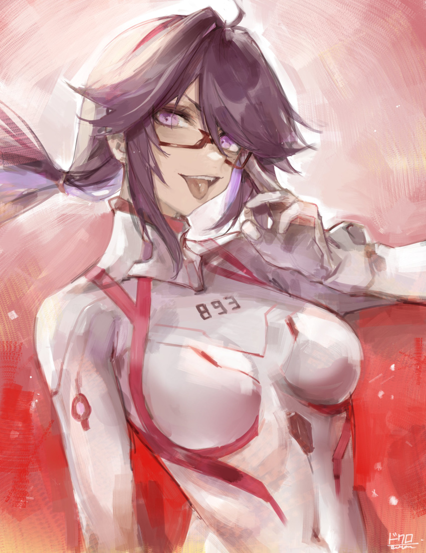 absurdres adjusting_eyewear ahoge collarbone covered_collarbone covered_navel dokuro_deluxe evangelion:_3.0+1.0_thrice_upon_a_time female glasses hairband highres indie_virtual_youtuber kson long_hair makinami_mari_illustrious neon_genesis_evangelion painterly piercing plugsuit ponytail purple_eyes purple_hair rebuild_of_evangelion red-framed_eyewear red_hairband signature solo teeth tongue tongue_out tongue_piercing upper_teeth_only virtual_youtuber